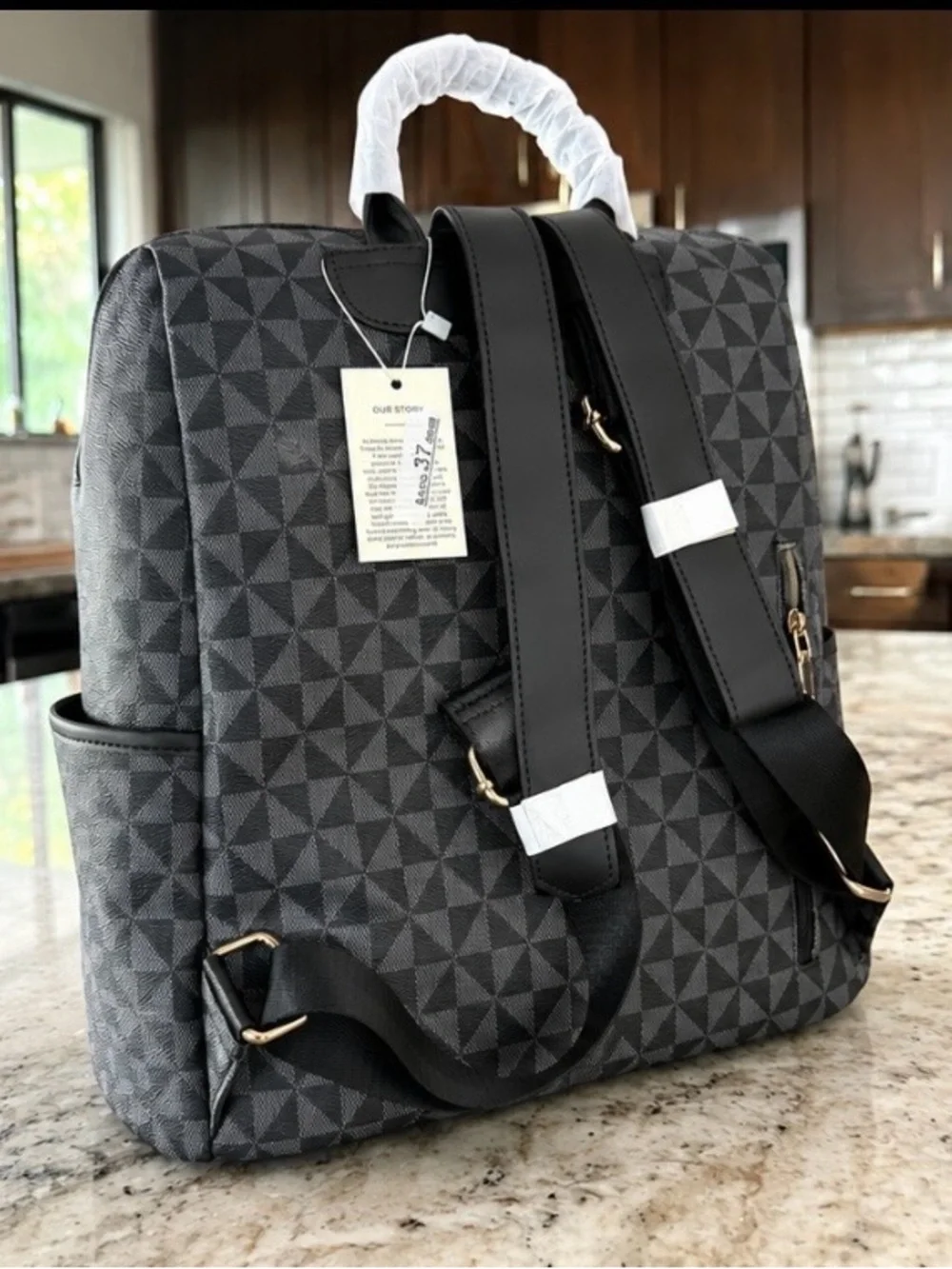 Gray Geometric Convertible Backpack Tote – Black Trim & Gold Hardware